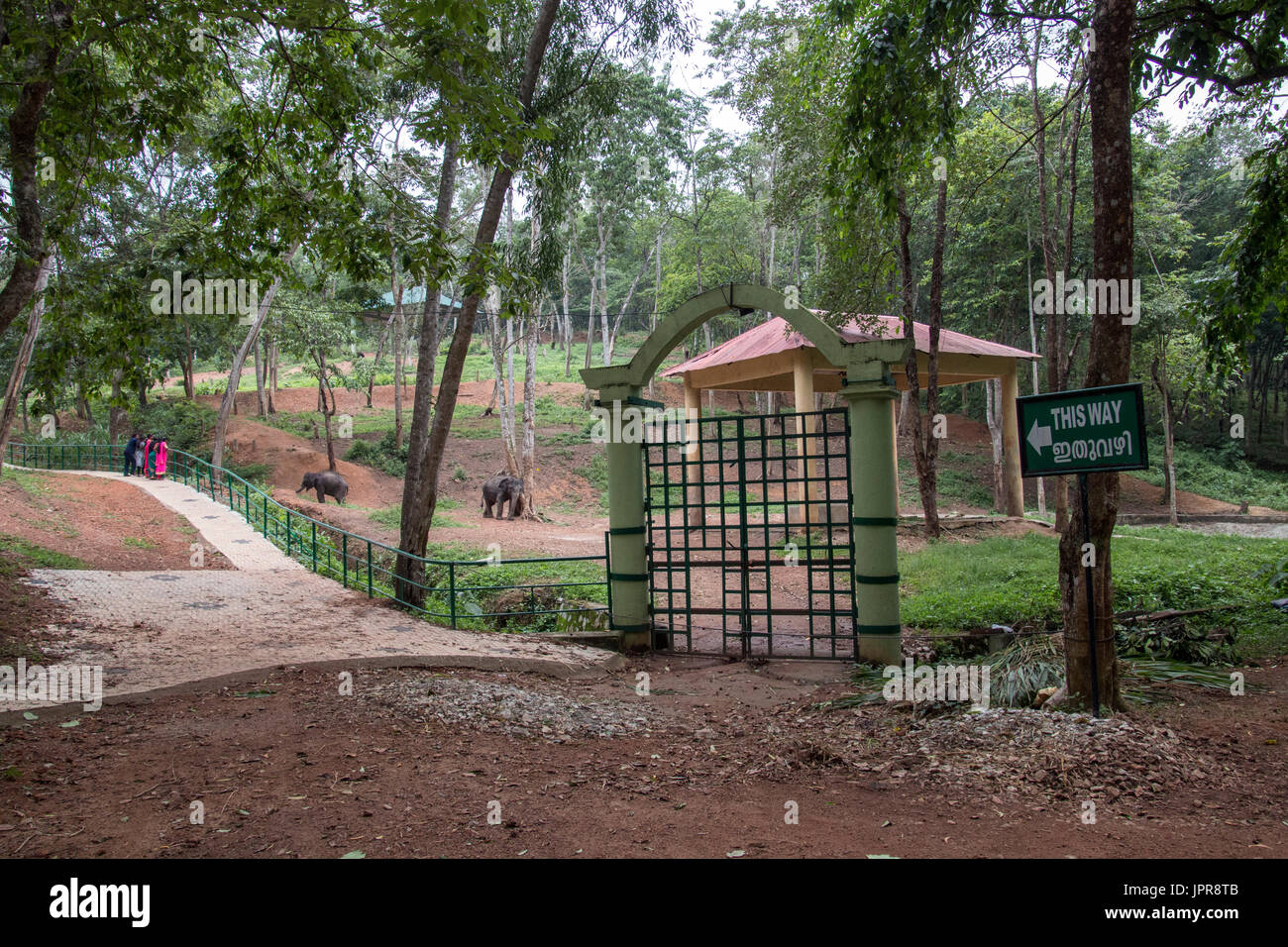 I turisti a piedi in entrata di kottoor kappukadu elefante centro di riabilitazione,kottoor,thiruvananthapuram,kerala,l'INDIA,PRADEEP SUBRAMANIAN Foto Stock