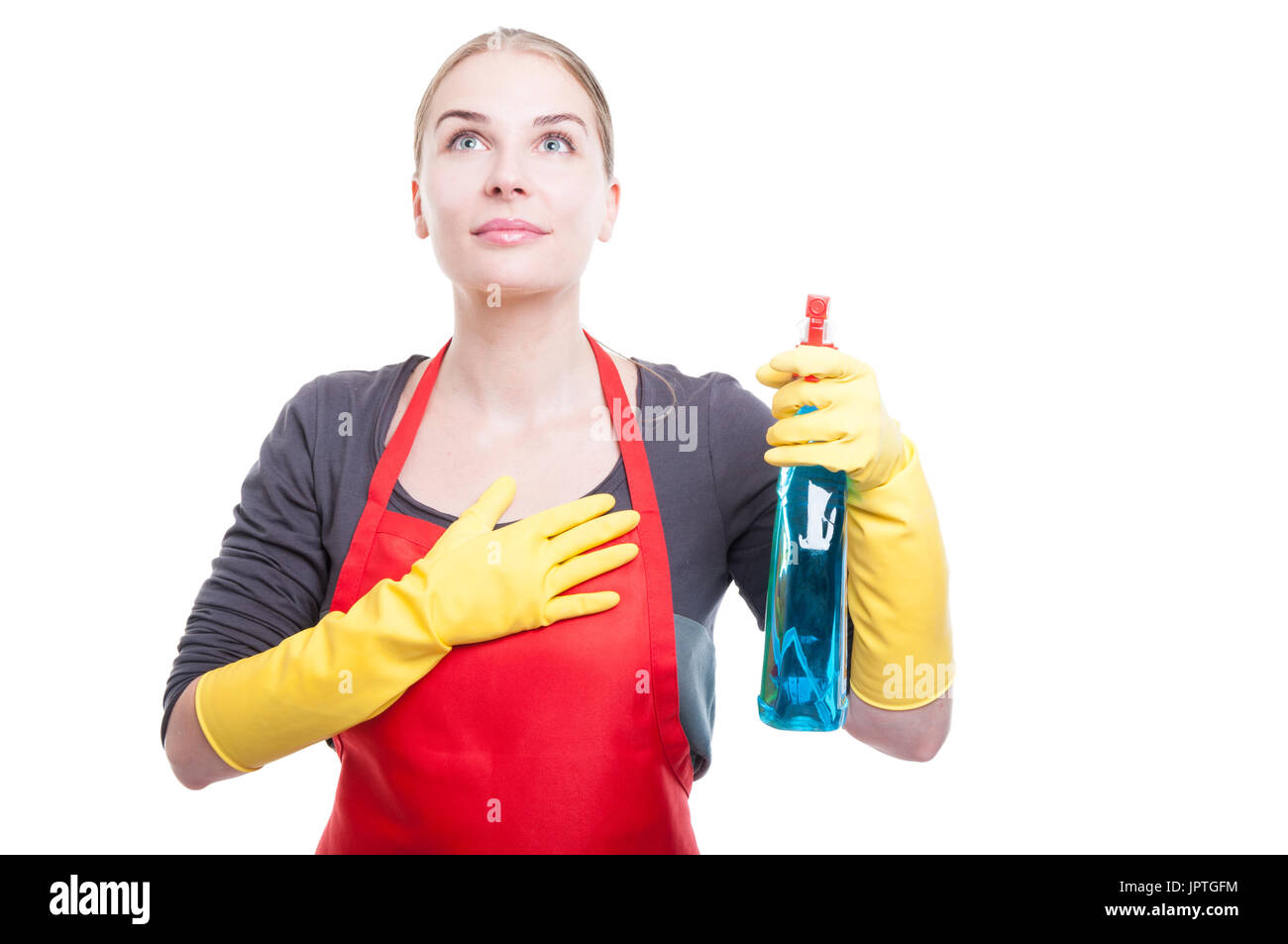 Bella cameriera donna che fa una promessa e guardando fieri su sfondo bianco Foto Stock