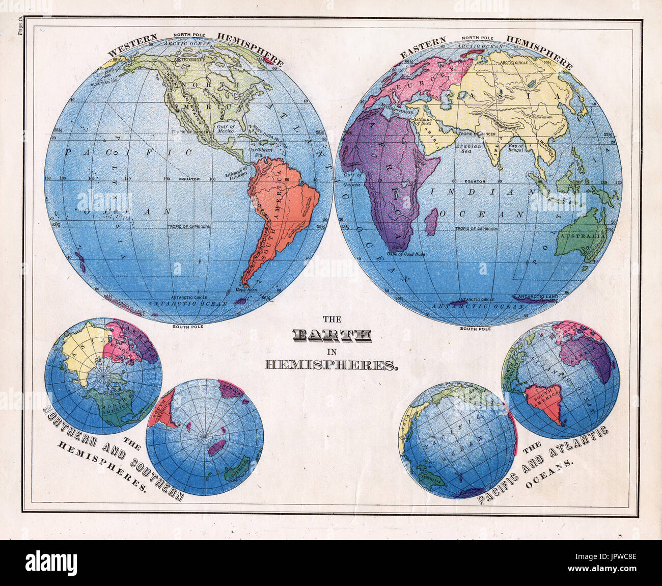 1874 Warren proiezioni globale della parte orientale ed Emisferi Occidentali lungo con proiezioni polari e di terra e di mare proiezioni Area Foto Stock