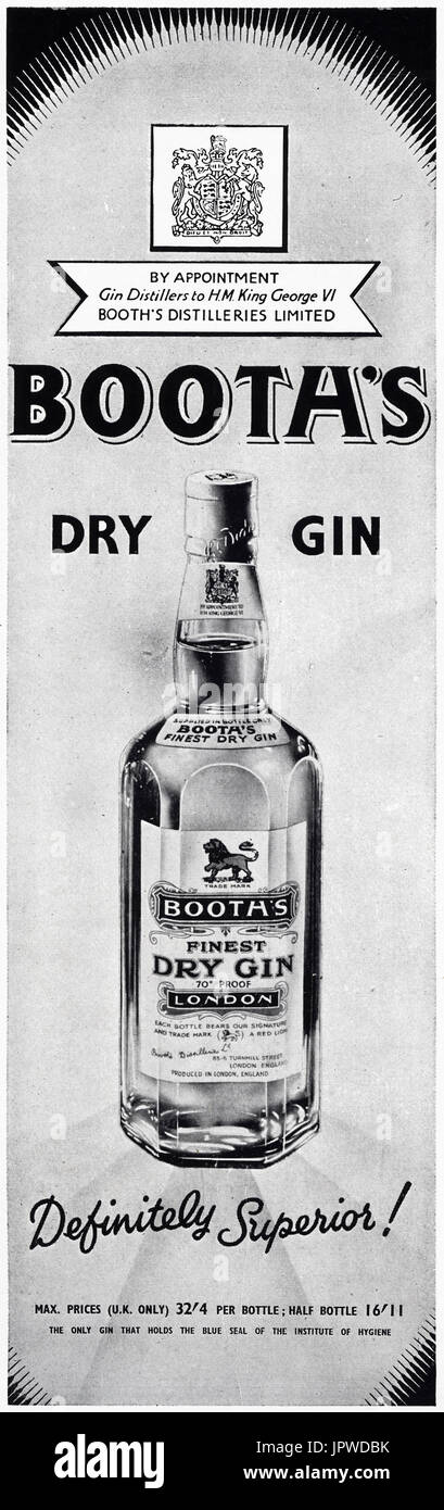 Anni Cinquanta vecchio vintage originale retrò pubblicità pubblicità Booth's dry gin da Royal nomina di Re Giorgio VI nella rivista del 1950 circa Foto Stock