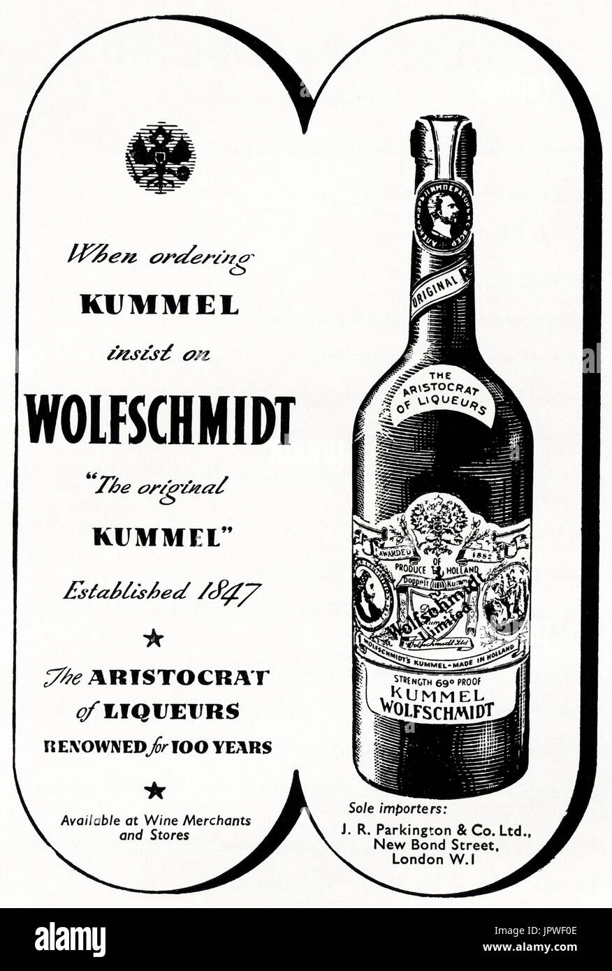 Anni Cinquanta vecchio vintage originale inserzione pubblicitaria Wolfschmidt Kummel liquore al magazine del 1950 circa Foto Stock