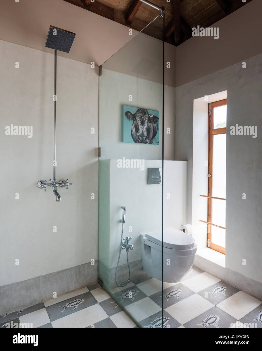 Bagno con cow dipinto sopra wc Foto Stock