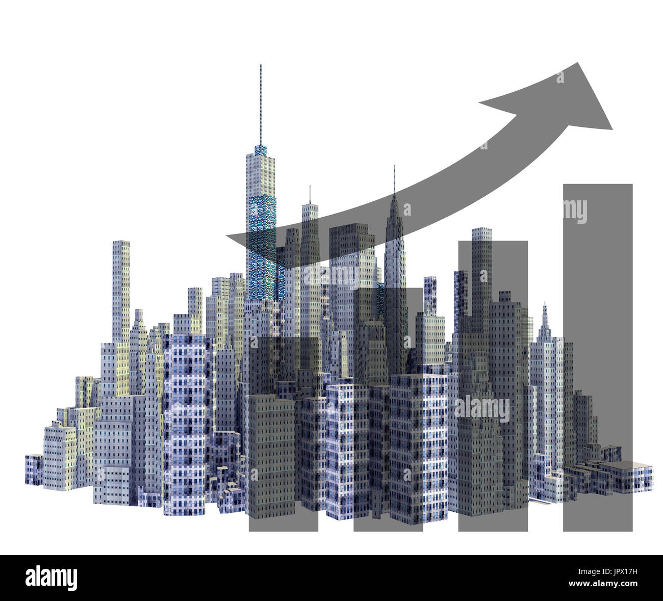 Resa in 3d dello skyline della città con la crescita finanziaria isolati su sfondo bianco Foto Stock
