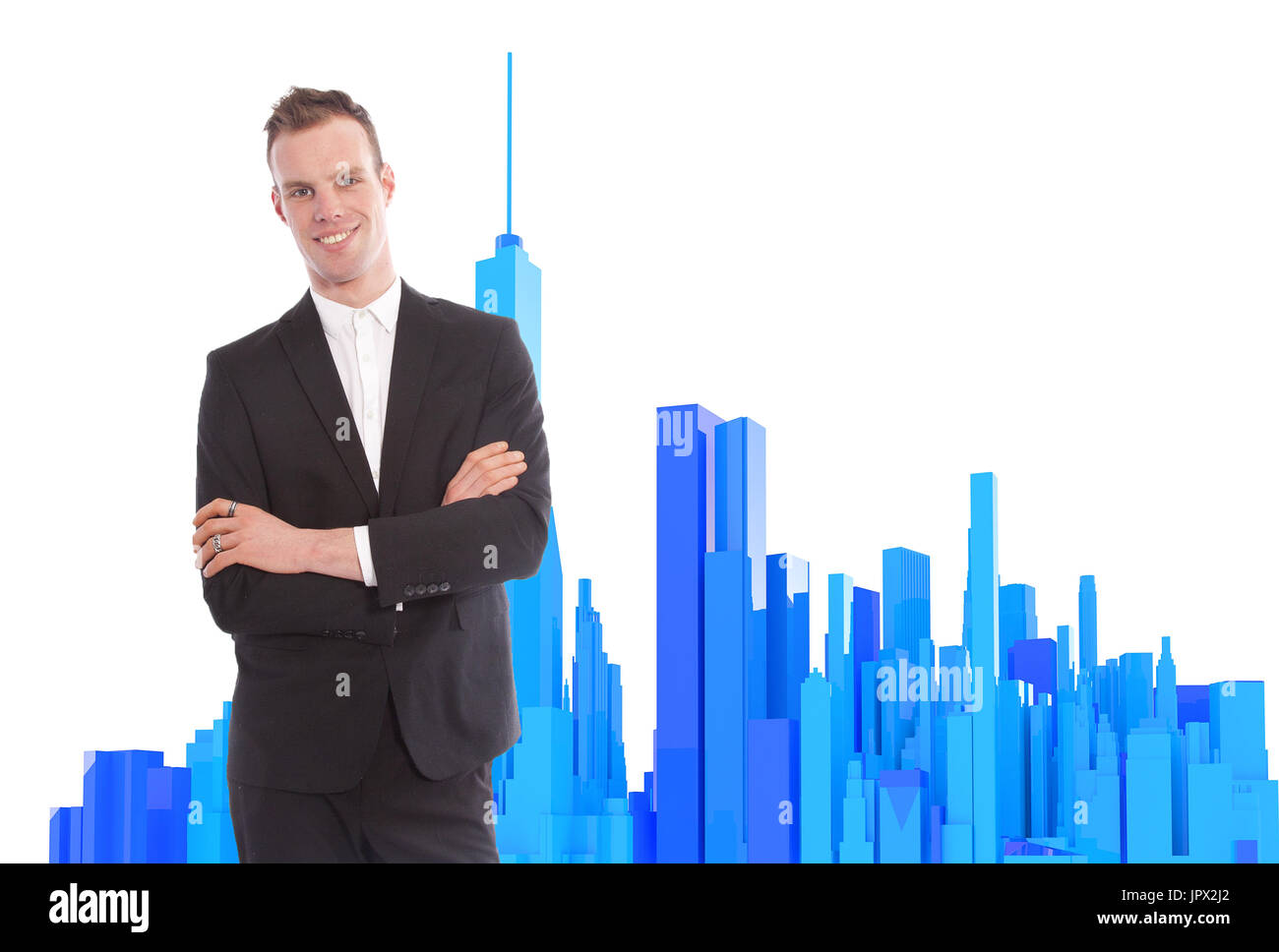 Young business man standing con rendering 3D Edificio ufficio sfondo Foto Stock