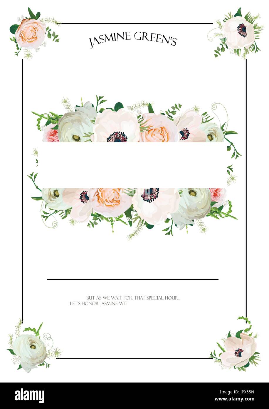 Doccia nuziale template vettoriale invito progettare con la luce rosa giardino di fiori di rosa fiori di anemone ranunculus eucalipto foglie verdi mix di erbe, tex Illustrazione Vettoriale
