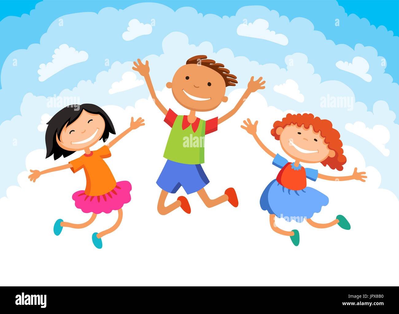 Bambini saltare sulle nuvole design su sfondo cielo illustrazione cartoon Illustrazione Vettoriale