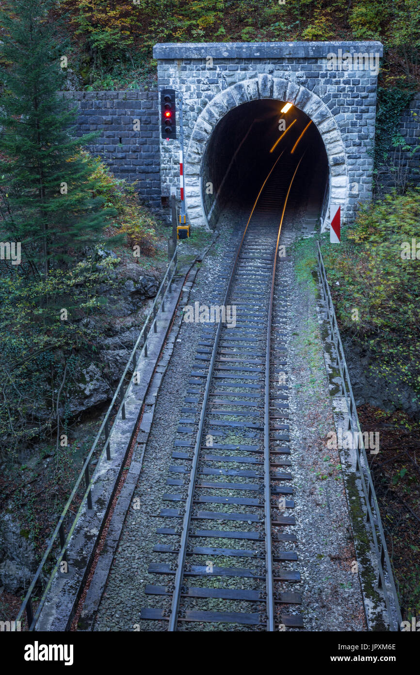 Mattoni vecchi tunnel in montagna e treno in arrivo con una lunga esposizione Foto Stock