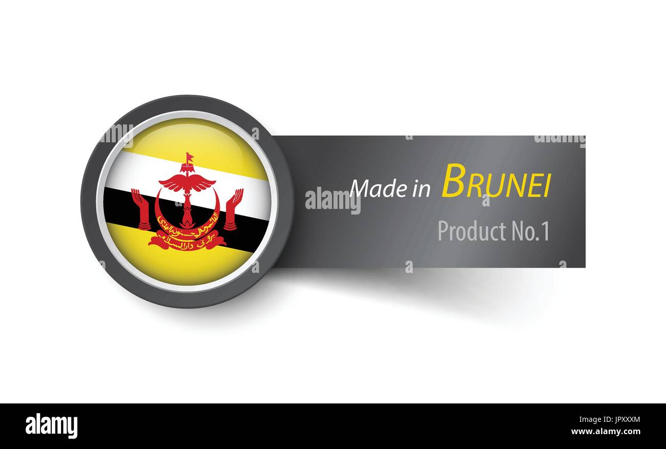 Icona bandiera ed etichetta con testo made in Brunei Darussalam . Illustrazione Vettoriale