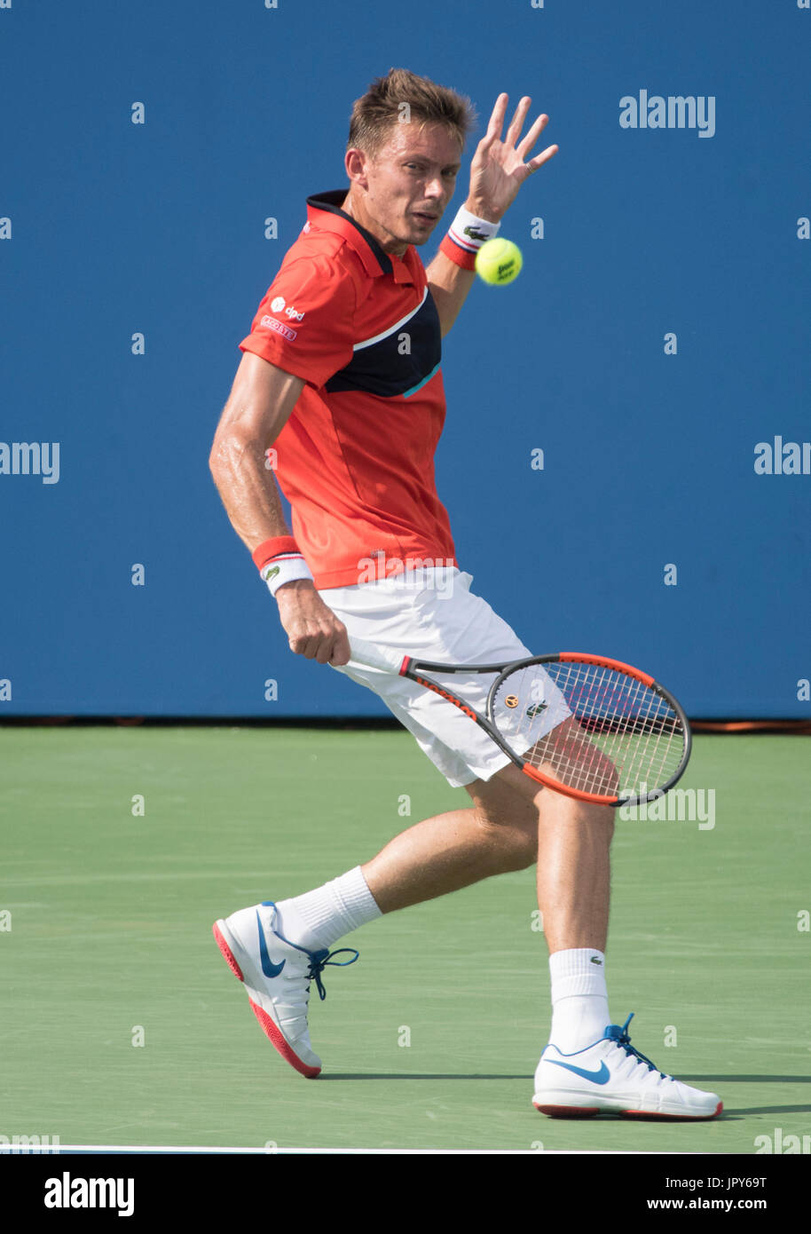 Washington DC, Stati Uniti d'America. Il 2 agosto, 2017. Nicolas MAHUT (FRA) perde a Milos Raonic (CAN) 7-6, 7-6, presso il Citi aprire essendo suonato al Rock Creek Park Tennis Center di Washington, DC, . © Leslie Billman/Tennisclix/CSM/Alamy Live News Foto Stock
