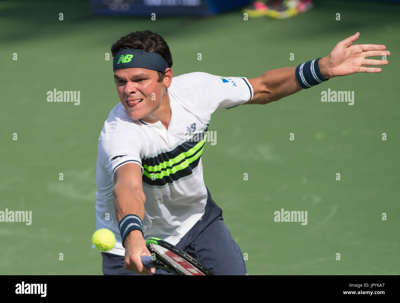 Washington DC, Stati Uniti d'America. Il 2 agosto, 2017. Milos Raonic (CAN) sconfitto Nicolas MAHUT (FRA) 7-6, 7-6, presso il Citi aprire essendo suonato al Rock Creek Park Tennis Center di Washington, DC, . © Leslie Billman/Tennisclix/CSM/Alamy Live News Foto Stock