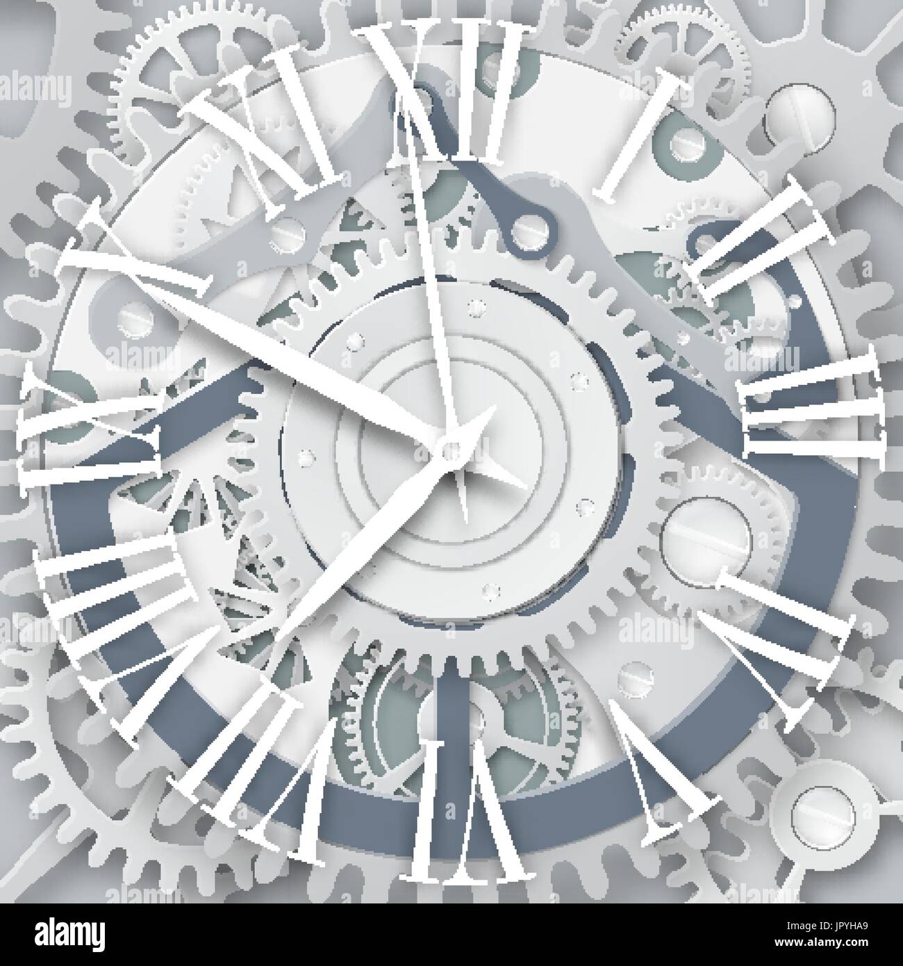 Vector orologio con numeri romani. Meccanismo di orologeria. Ingranaggi  bianchi con centro su sfondo grigio Immagine e Vettoriale - Alamy
