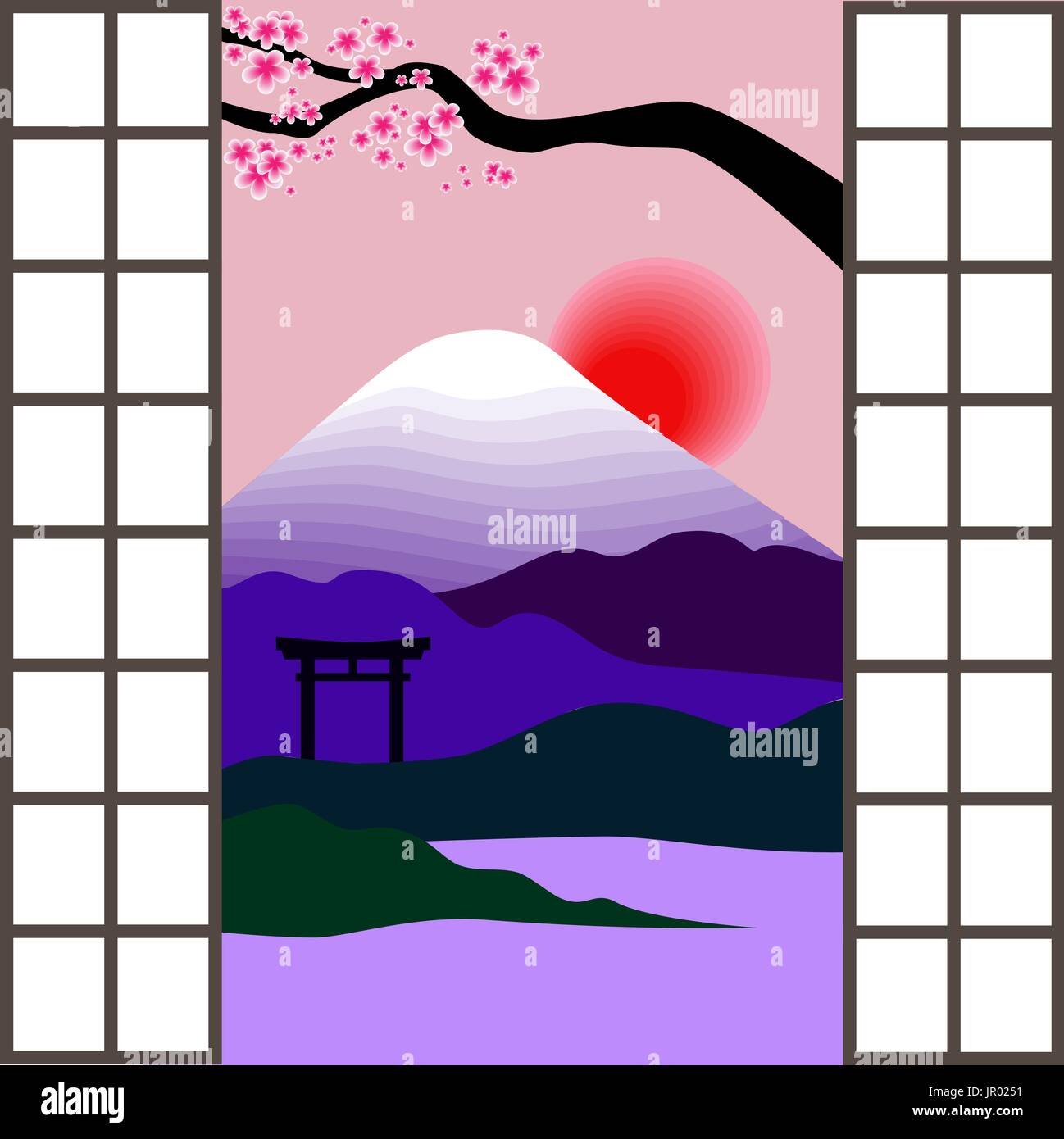 Paesaggio con il Monte Fuji, torii, fiori di ciliegio e sunrise al di fuori della finestra di giapponese. Illustrazione Vettoriale Illustrazione Vettoriale