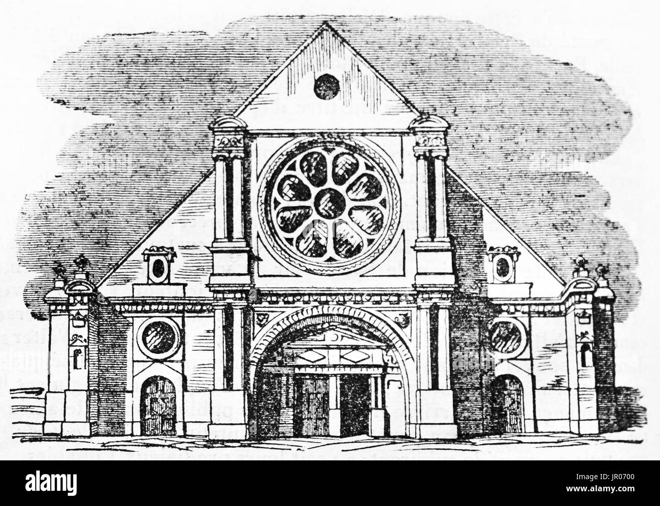 Vecchia illustrazione di Saint-Côme-Saint-Damien chiesa facciata occidentale in Luzarches, Francia. Da autore non identificato, pubblicato il Magasin pittoresco, Pari Foto Stock