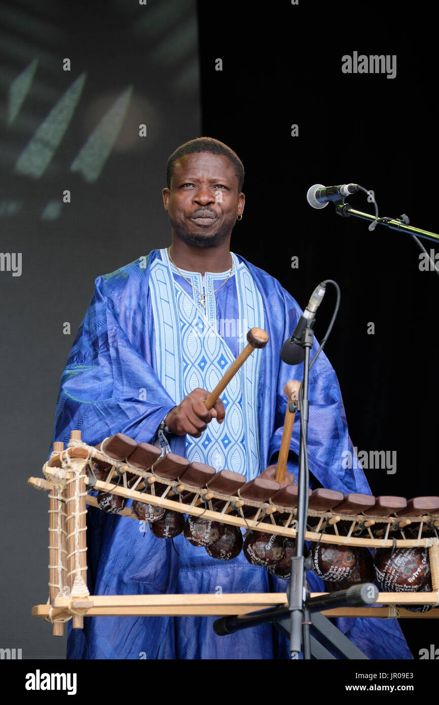 Mamadou Diabate e percussioni Mania effettuando al Womad Festival, Charlton Park di Malmesbury, Wiltshire, Inghilterra, luglio 30, 2017 Foto Stock