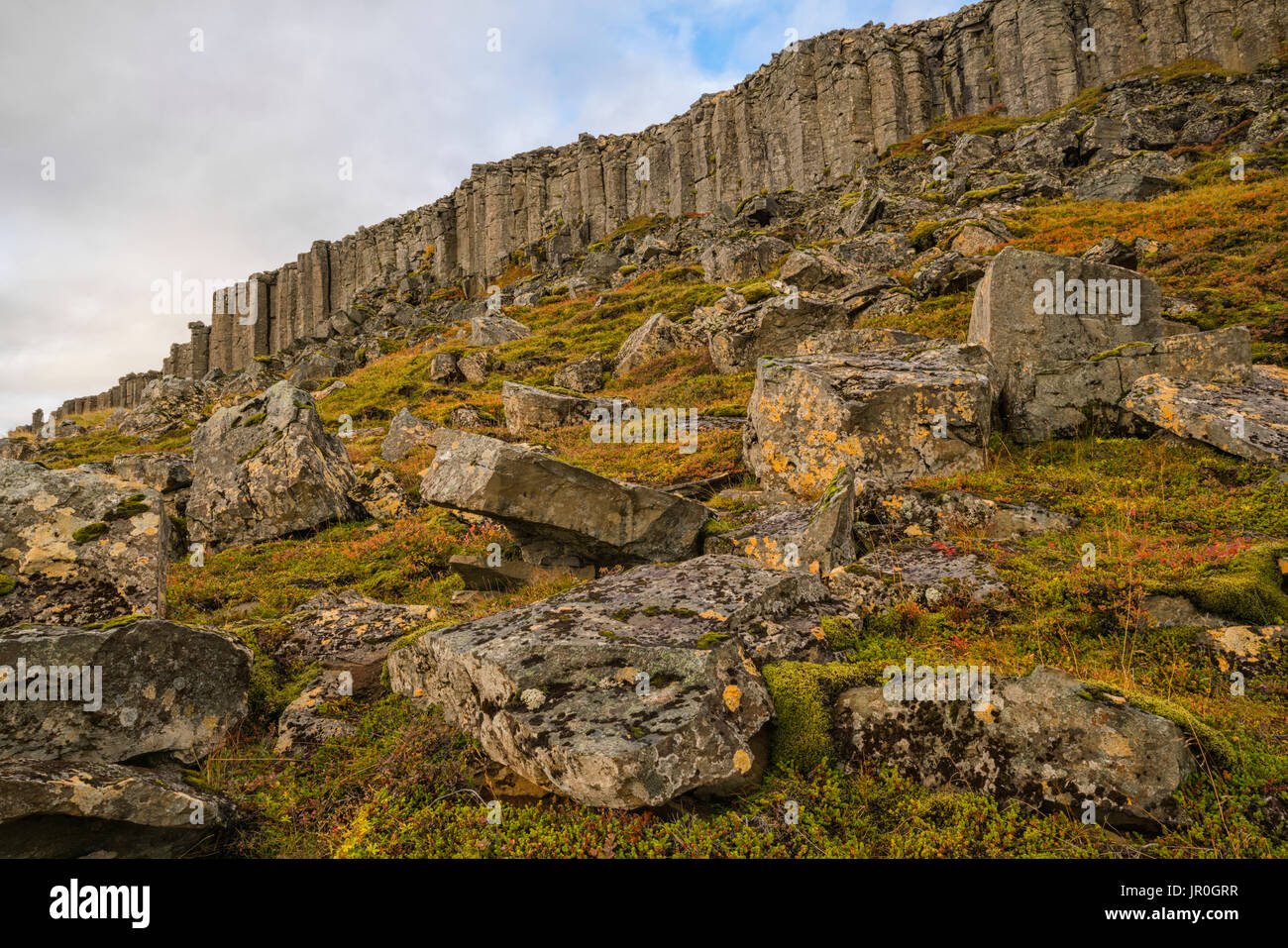 Colonne di basalto in Islanda sono erodere e sbriciolamento, Penisola Snaefellsness; Islanda Foto Stock