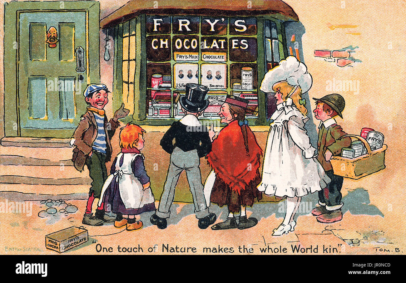 Vintage U.K. Cartolina pubblicitaria per friggere i cioccolatini, illustrato da Tom Browne (1870-1910). Foto Stock