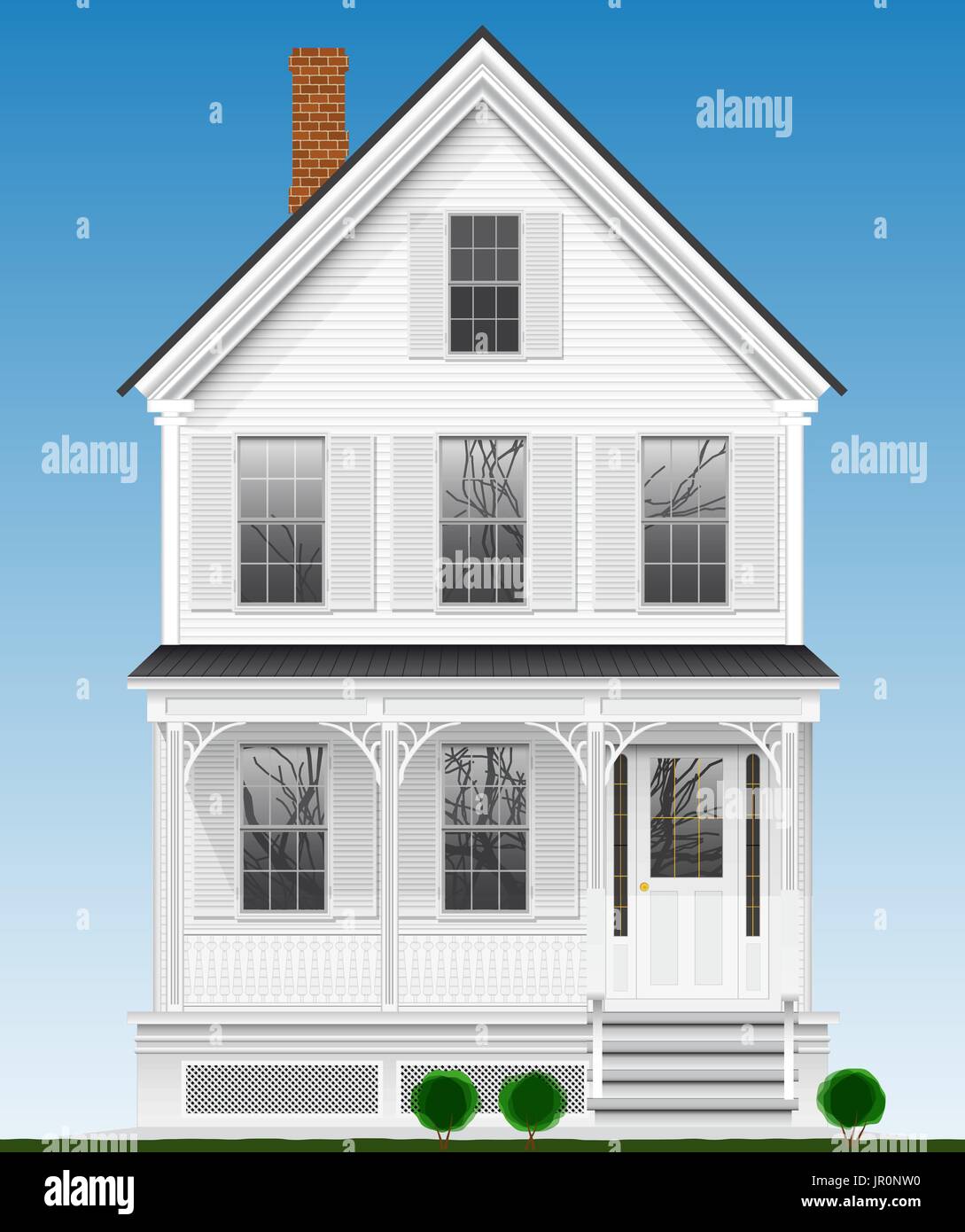 Un tipico e Americano classico a casa di legno verniciato con vernice bianca. Due piani, interrato e mansarda. Illustrazione Vettoriale