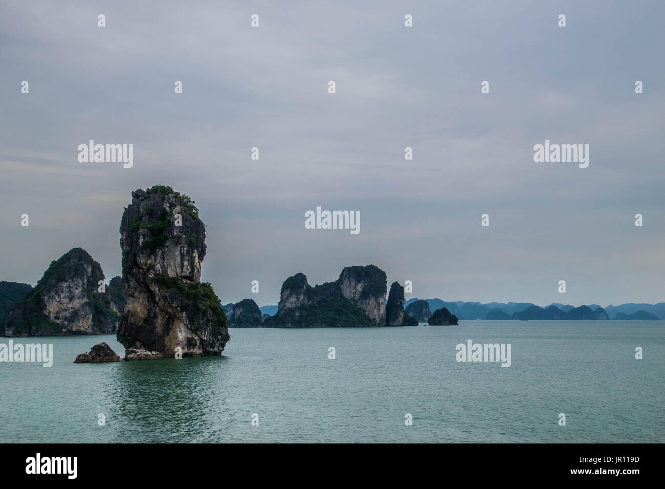 Una roccia calcarea pila, nella Baia di Ha Long, Vietnam Foto Stock