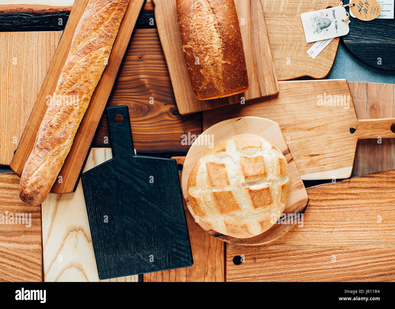 Schede di cucina, schede di pane, taglieri, Foto Stock