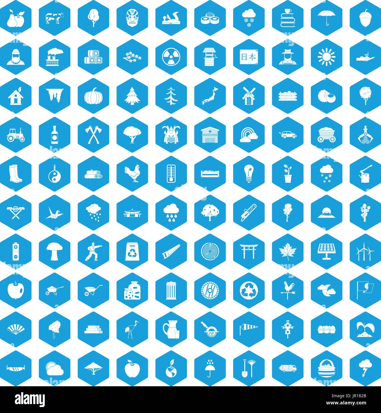 100 albero set di icone blu Illustrazione Vettoriale
