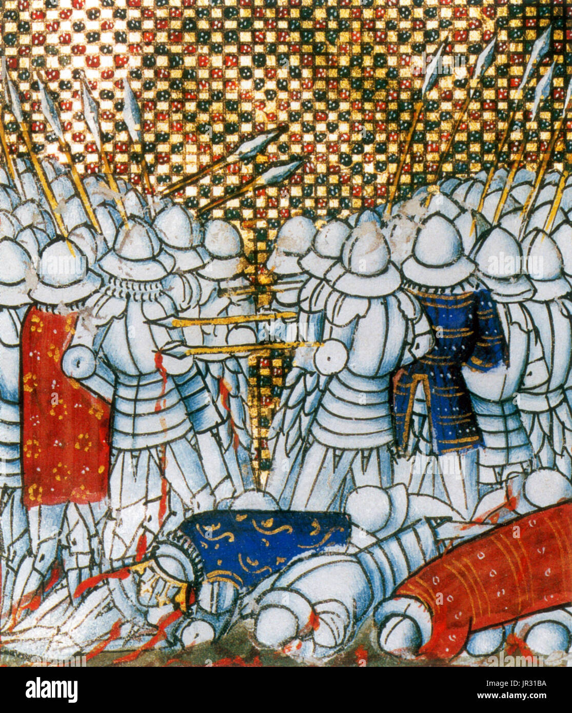 La battaglia di Crécy è stata una vittoria in inglese durante la fase edoardiana dei cento anni di guerra. La battaglia è stata combattuta su agosto 26, 1346 vicino Crécy, nel nord della Francia. Un esercito di inglese e gallese e allied truppe mercenarie guidato da Edward III d'Inghilterra, impegnato e sconfitto un molto più grande esercito di francese, genovesi e truppe di Maiorca guidato da Filippo VI di Francia. Incoraggiati dalle lezioni di flessibilità tattica e utilizzazione di terreno imparato dal precedente i Sassoni e i vichinghi, musulmani e i recenti scontri con gli scozzesi, l'esercito inglese ha conquistato una vittoria importante. La battaglia è stata foriera di aumento Foto Stock