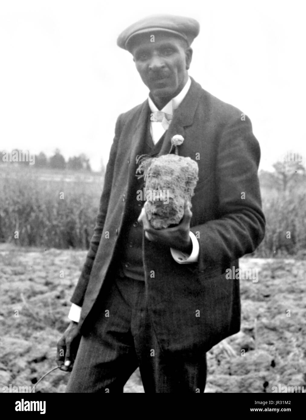 Carver, stando in piedi in campo, probabilmente a Tuskegee, tenendo pezzo di terreno. George Washington Carver (1864 - Gennaio 5, 1943) era un afro-americano di scienziato, botanico, educatore e inventore nato in schiavitù. Nel 1891 ha frequentato e studiato botanica alla Iowa State Agricultural College dove egli fu il primo studente nero e in seguito ha insegnato come il primo nero membro della facoltà. La sua reputazione si basa sulla sua ricerca e promozione di colture alternative per il cotone, come arachidi, semi di soia e patate dolci, che ha anche aiutato la nutrizione per le famiglie contadine. Egli ha voluto che gli agricoltori poveri di crescere alternativa c Foto Stock