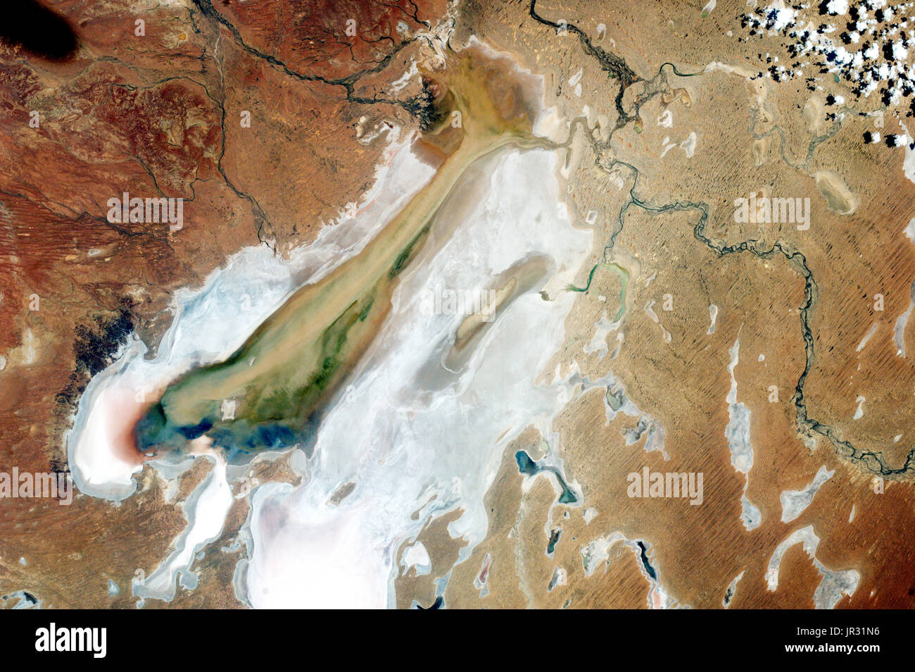 Lago Eyre, Australia, preso dalla fotocamera EarthKAM sulla Stazione Spaziale Internazionale il 14 febbraio 2017. Il lago Eyre è di solito un sale secco letto, ma pesanti piogge di fine 2016 riempito di fiumi che lavato attraverso il deserto e nel lago. Foto Stock