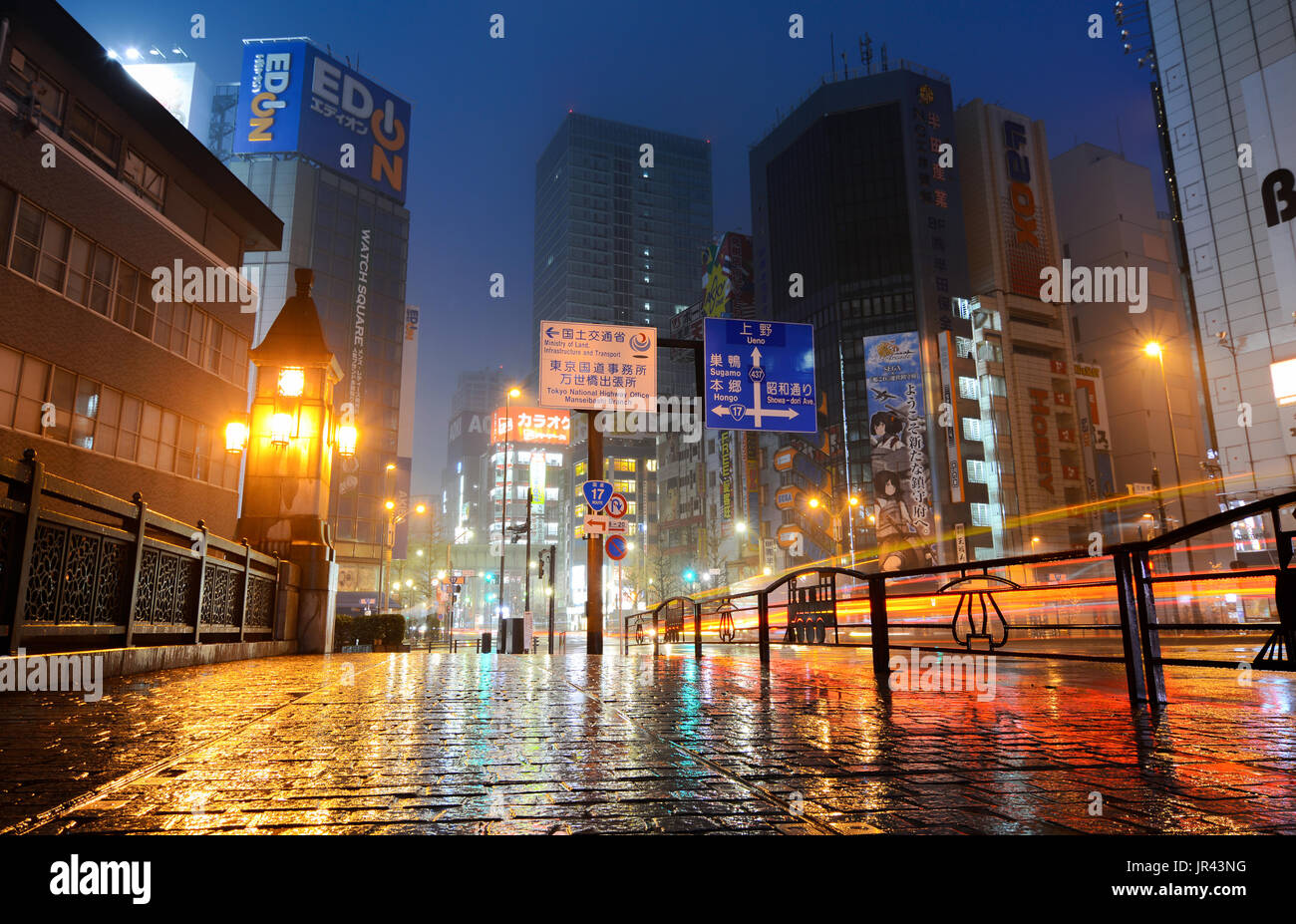 TOKYO, Giappone - 8 Aprile 2017 - luci al neon di Akihabara, Tokyo elettronica famoso quartiere dello shopping, scintillanti su una notte piovosa Foto Stock