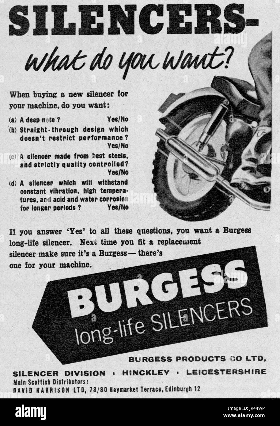 Burgess silenziatori ciclo motore Magazine Advert Marzo 1962 Foto Stock