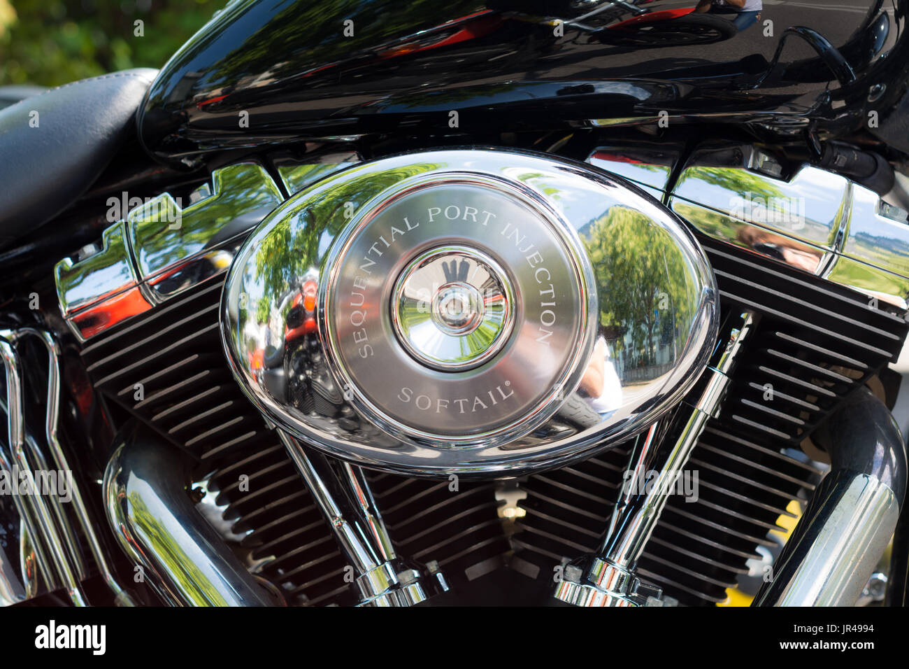 Mostra motociclette americane classiche. Dettagli delle parti del motociclo. Effetto filtro vintage Foto Stock