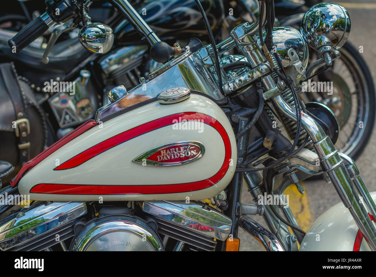 Emblema e i dettagli della famosa Harley Davidson Moto. Vintage e stile retrò fotografia con filtri Foto Stock