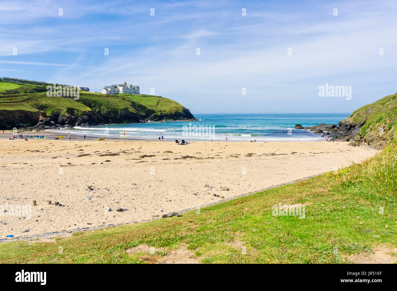 Poldhu Cove Beach in estate, Cornwall, Regno Unito Foto Stock