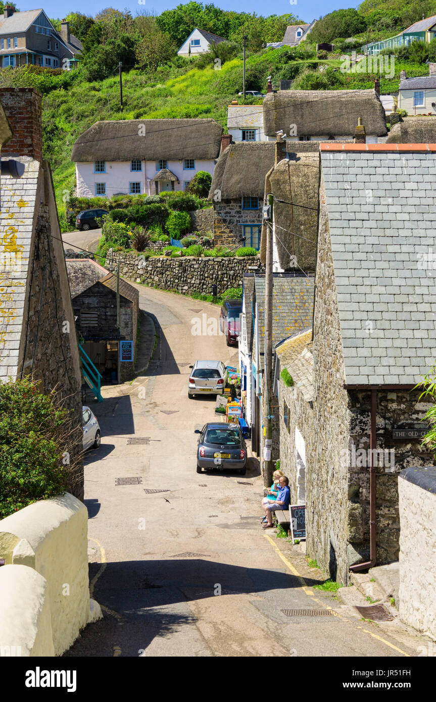 Village Street in Cadgwith, penisola di Lizard, Cornwall, Regno Unito in estate Foto Stock