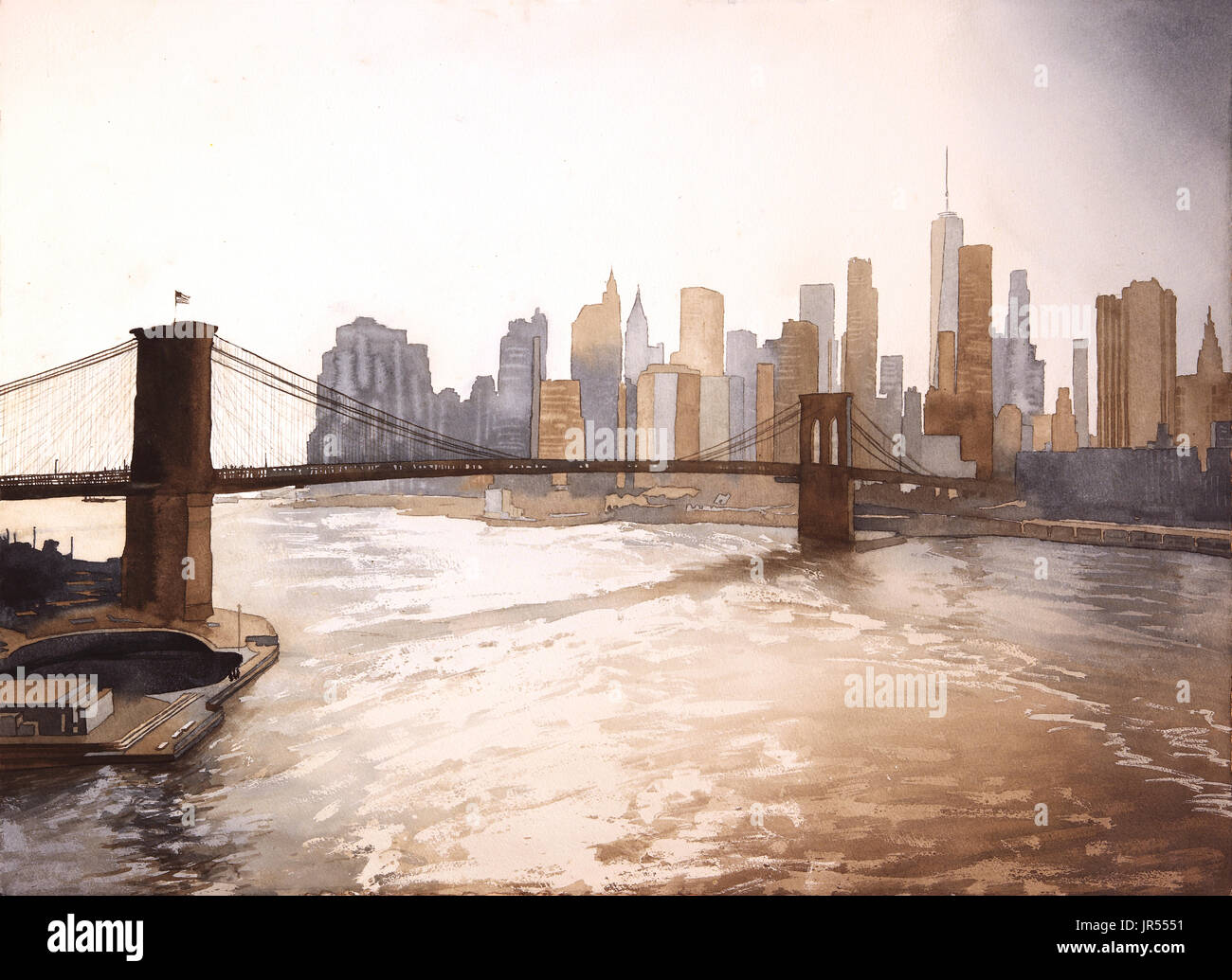 Il Ponte di Brooklyn e grattacieli di Manhattan al tramonto nella città di New York - New York, Stati Uniti d'America. La pittura ad acquerello. Foto Stock