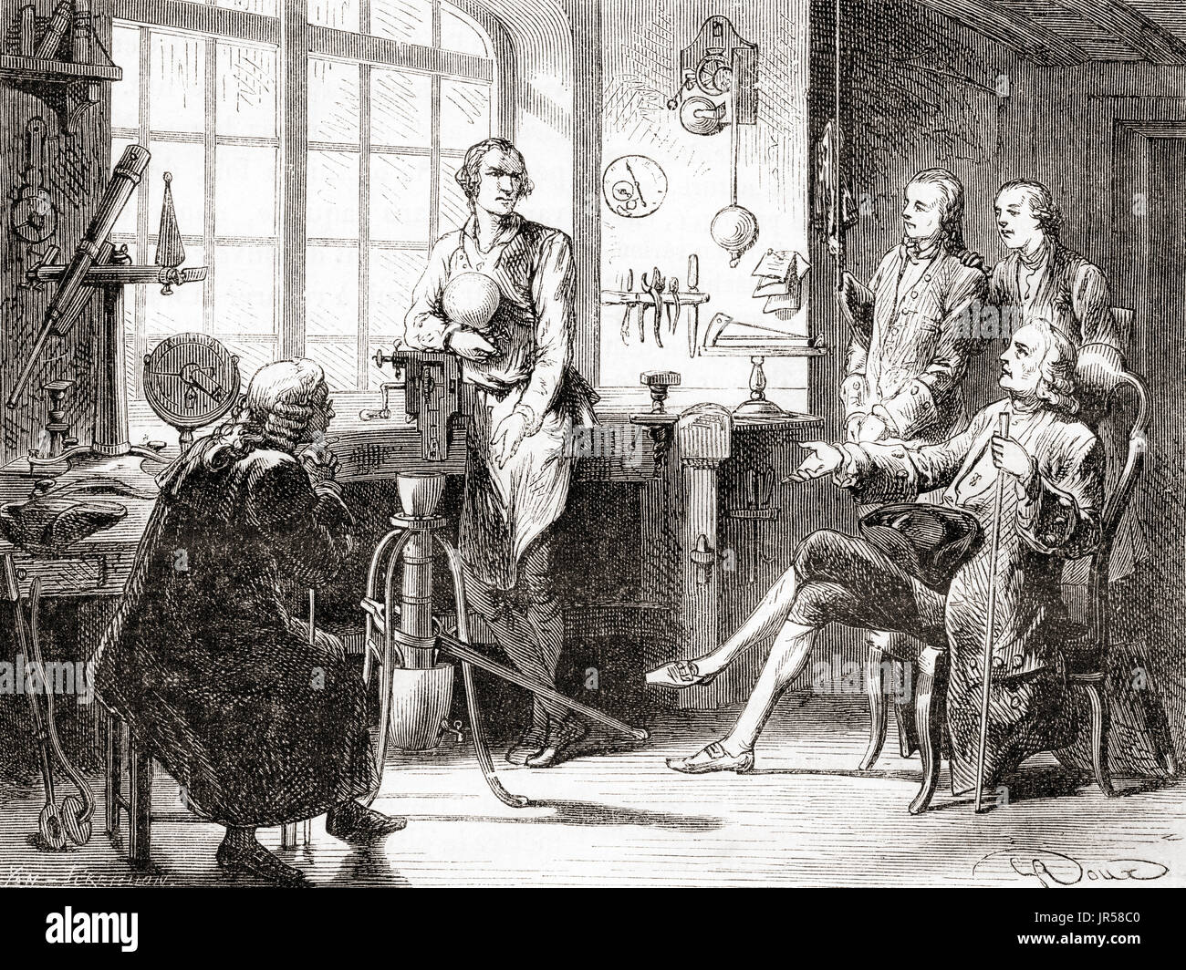 James Watt nella sua officina di Glasgow. James Watt, 1736 -1819. Inventore scozzese, ingegnere meccanico e chimico. Da Les Merveilles de la Science, pubblicato 1870. Foto Stock