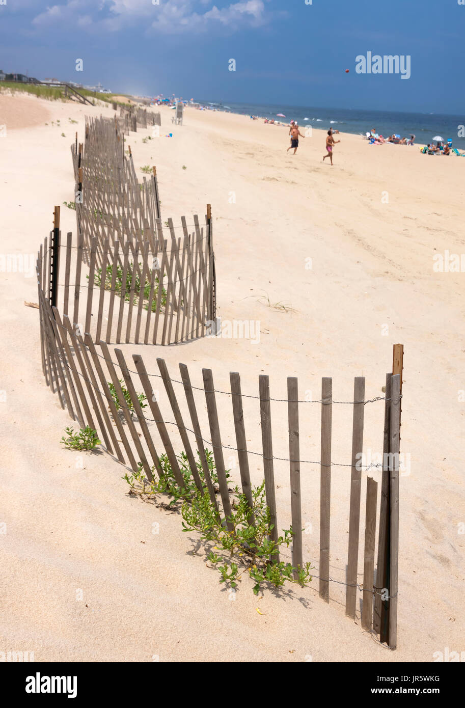 Beachfront recinto utilizzato per impedire la deriva sabbia e spiaggia di erosione in mare Girt, New Jersey, Stati Uniti. Foto Stock