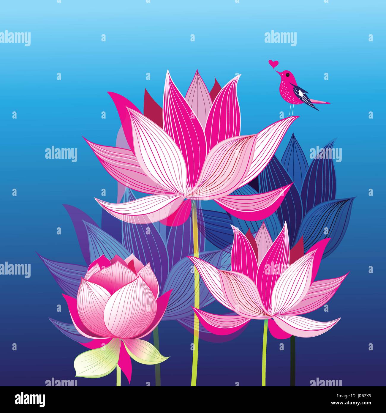 Lotuses rosa e un uccello amore Illustrazione Vettoriale
