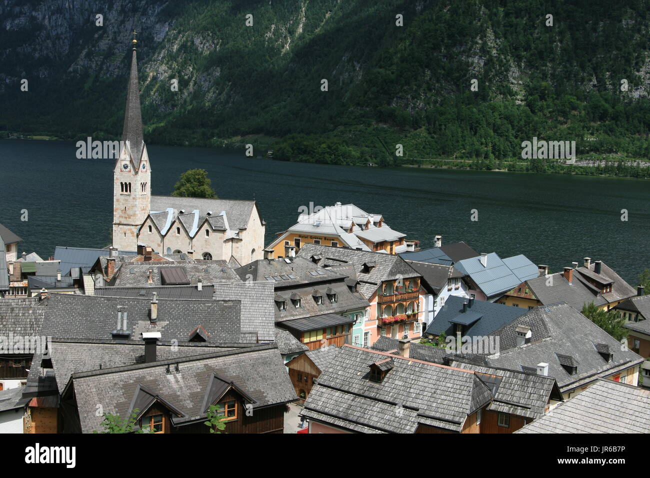 Hallstatt villaggio nella regione del Salzkammergut, una regione nell'Austria Superiore. Patrimonio Mondiale dell'UNESCO. Foto Stock