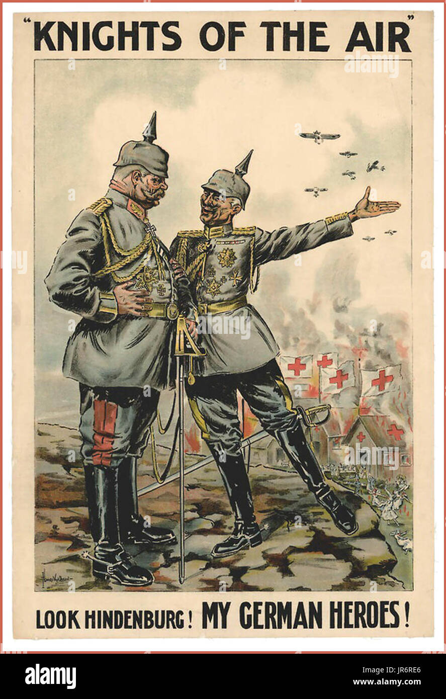 WW1 British Propaganda cartone animato che mostra una scena di ospedale tedesco di capanne e la devastazione con il generale tedesco con profonda ironia orgoglioso dei suoi cavalieri dell'aria parlando di Hindenburg Foto Stock