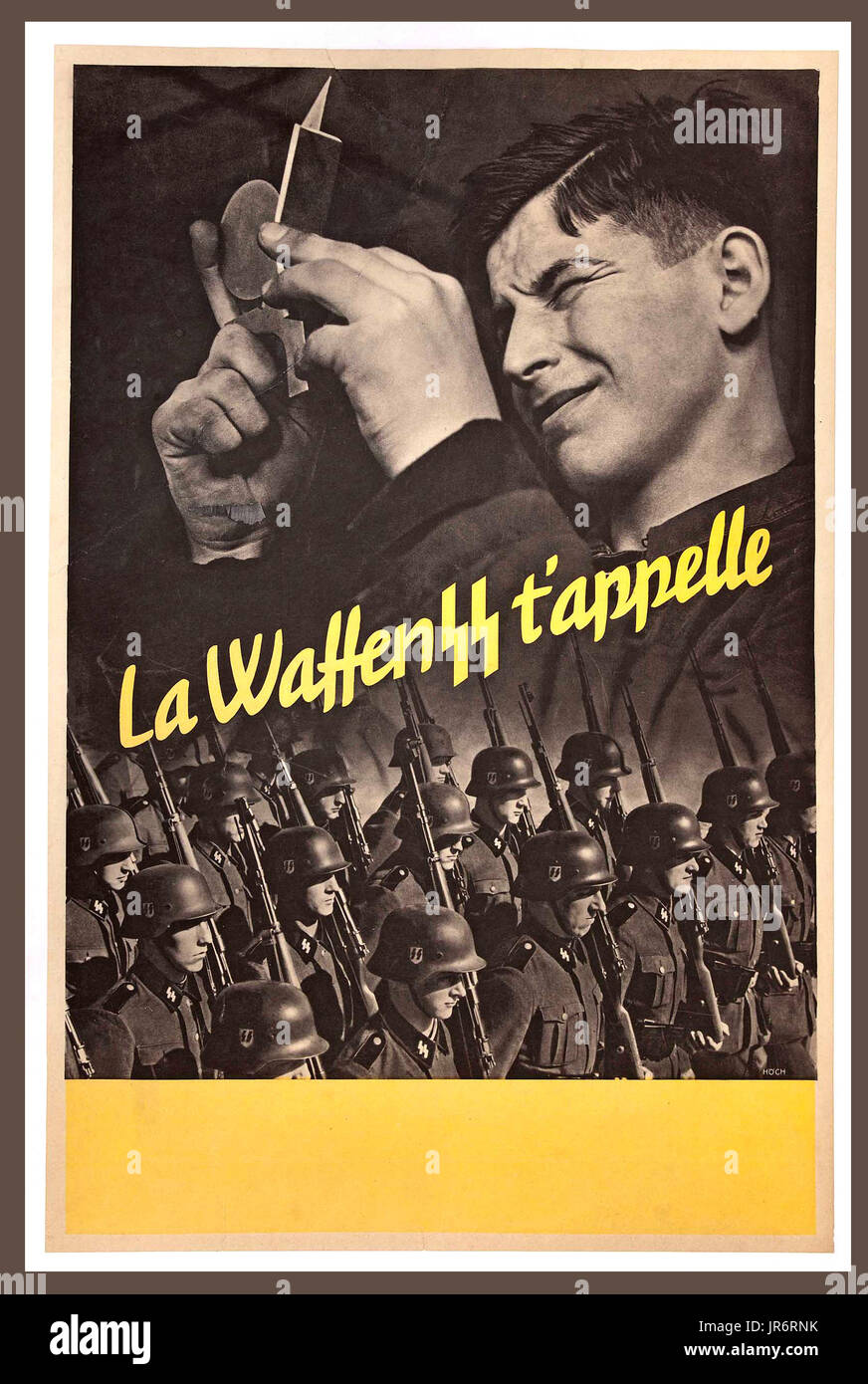 Vintage WW2 propaganda tedesca poster di reclutamento in francese.... "WAFFEN SS vi chiama' propaganda diretta a Vichy Francia francese e collaboratori nazisti Foto Stock