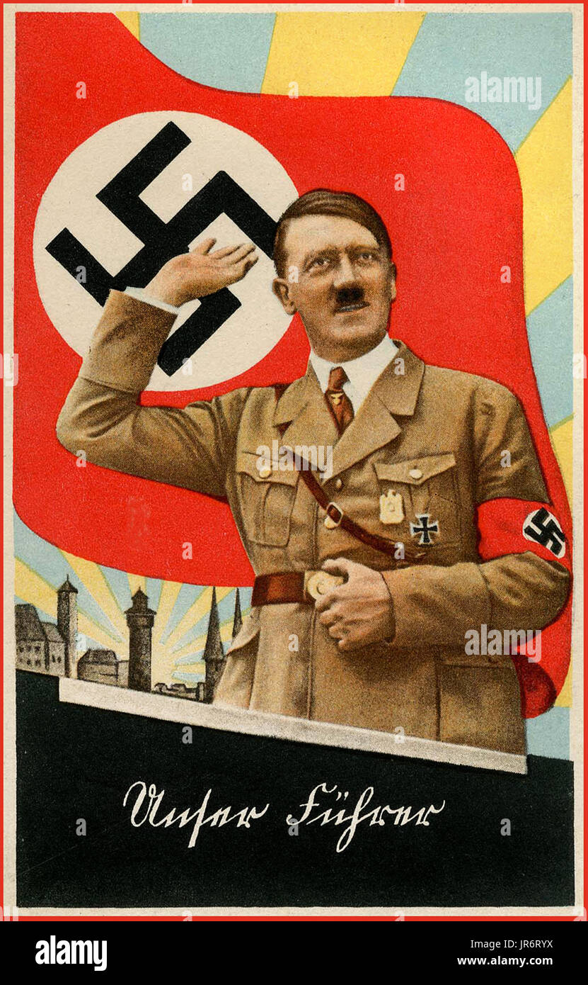 Svastica bandiera Adolph Hitler salutiamo Heil Hitler WW2 tedesco Pre-War Propaganda "Unser Führer" (il nostro leader) halcyon raggi di sole scena tedesca Nazi Swastika cartolina poster del Führer Adolf Hitler indossando swastika armband Germania nazista Foto Stock