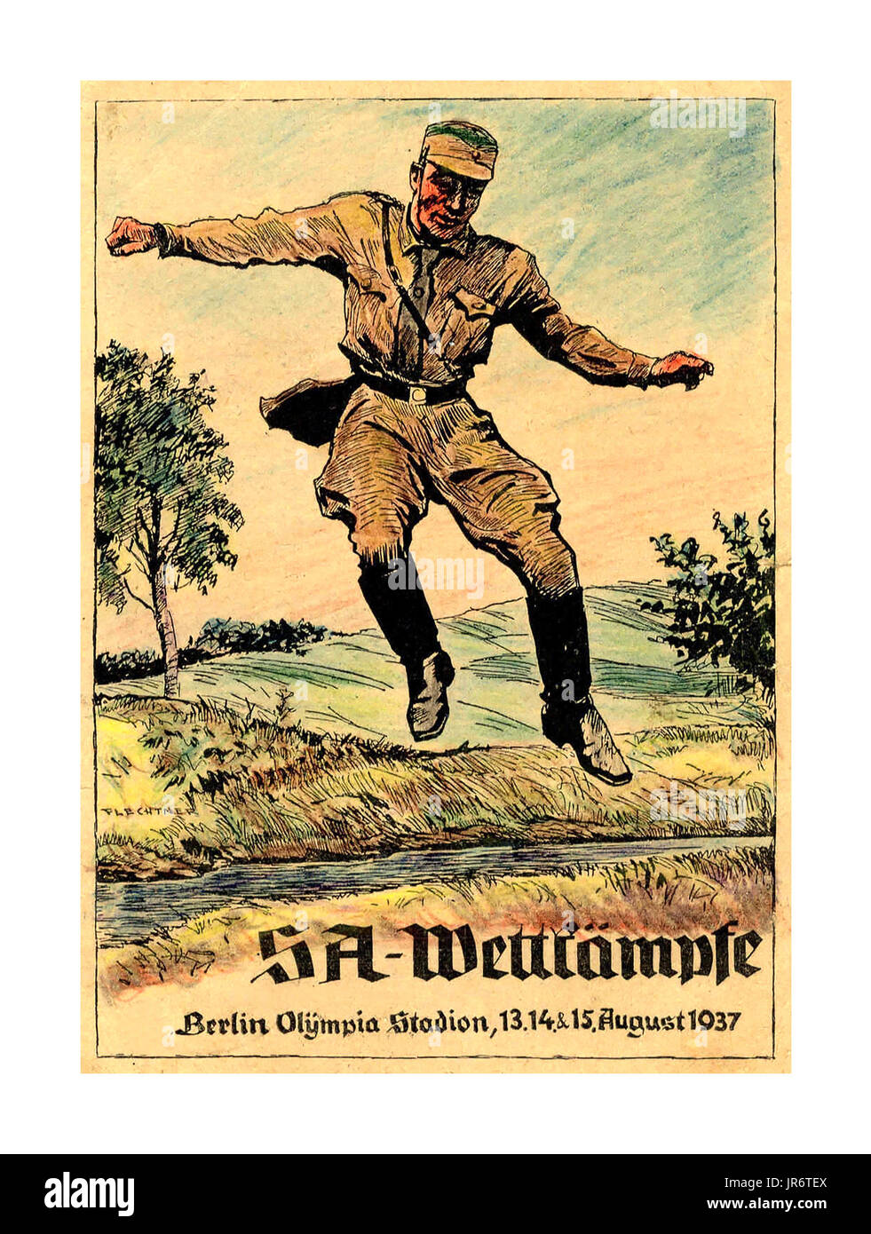 Vintage WW2 cartolina di Propaganda per i Giochi Olimpici di agosto 1937 SA Wettkämpfe, Berlino, Olympia Stadion, 13.14.&15. Agosto 1937 Germania Foto Stock
