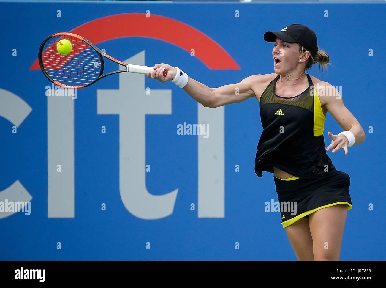 Washington DC, Stati Uniti d'America. Il 3 agosto, 2017. Simona Halep (ROU) prende un colpo diretti al 2017 Citi Open Tennis Tournament essendo suonato al Rock Creek Park Tennis Center di Washington Justin Cooper/CSM/Alamy Live News Foto Stock