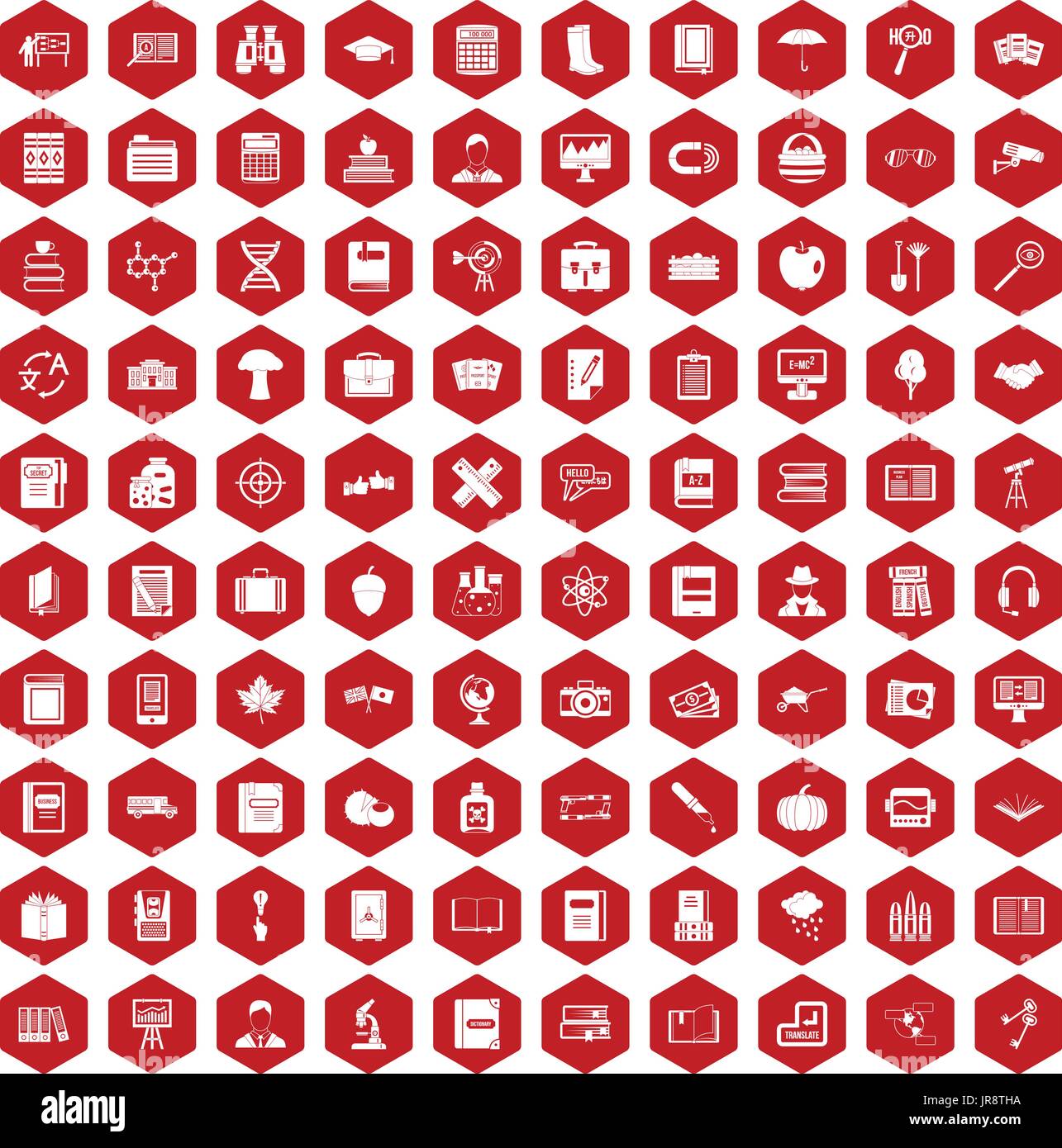 100 icone di libro rosso esagonale Illustrazione Vettoriale