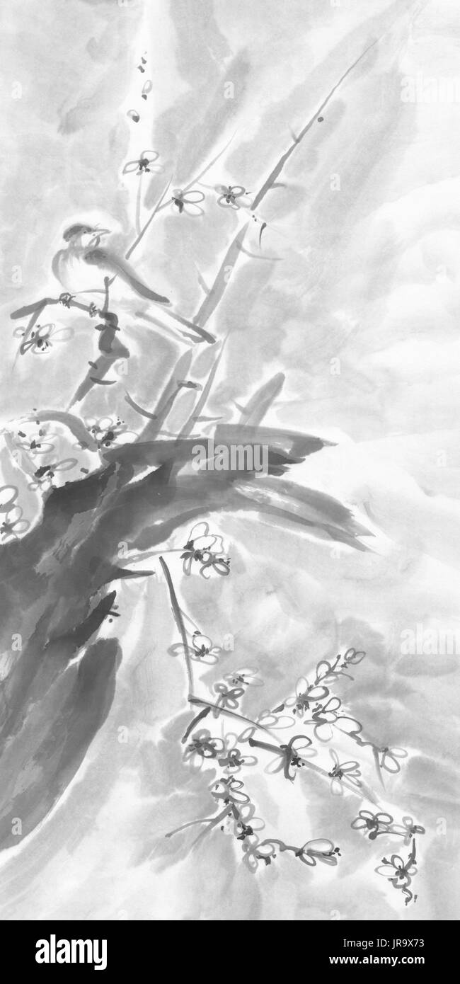 Uccello su un ramo di ciliegio sumi-e pittura di inchiostro Foto Stock