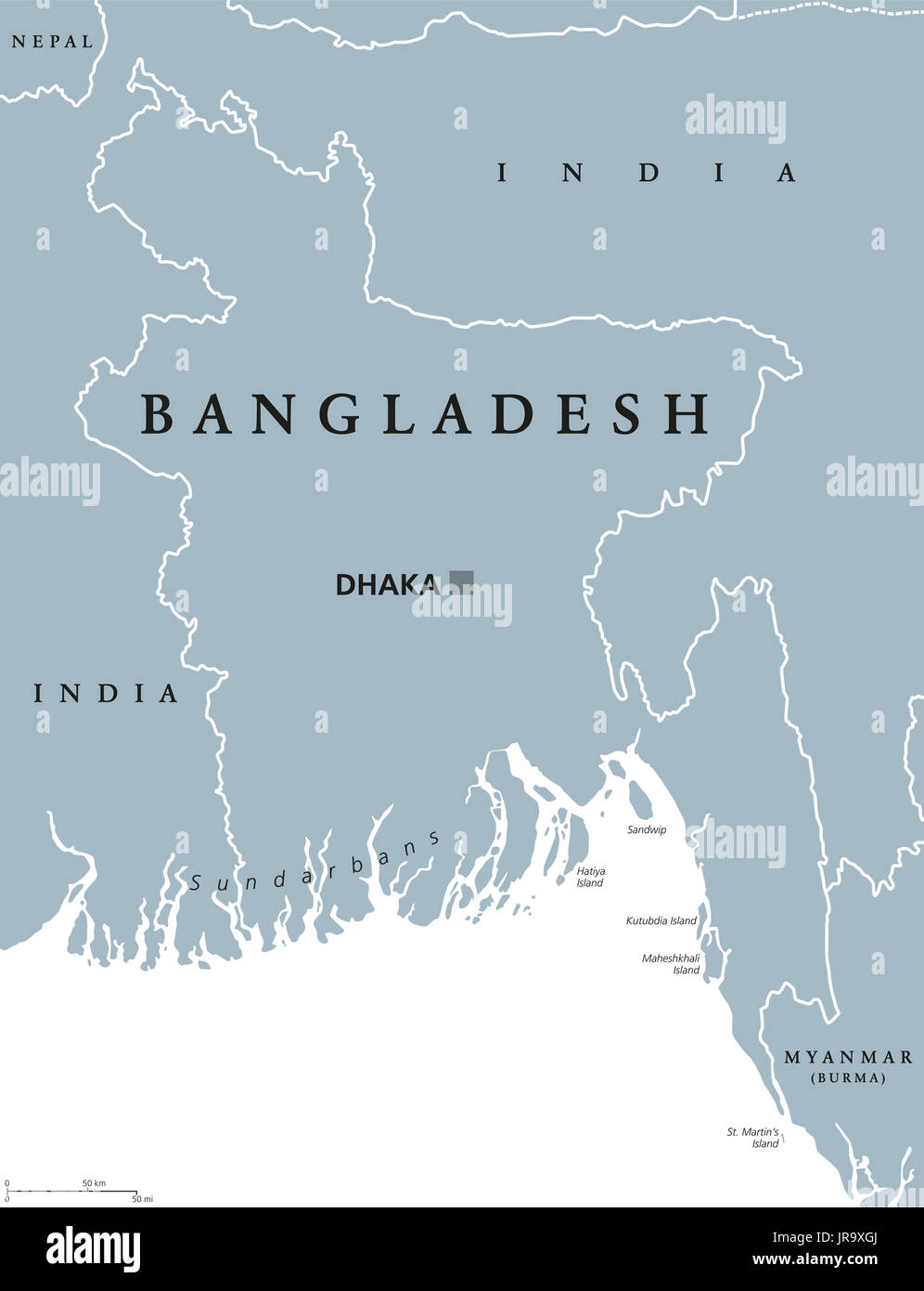 Bangladesh mappa politico con capitale Dhaka e frontiere. Etichetta inglese. Repubblica popolare del Bangladesh. Paese in Asia Del sud sul golfo del Bengala. Foto Stock
