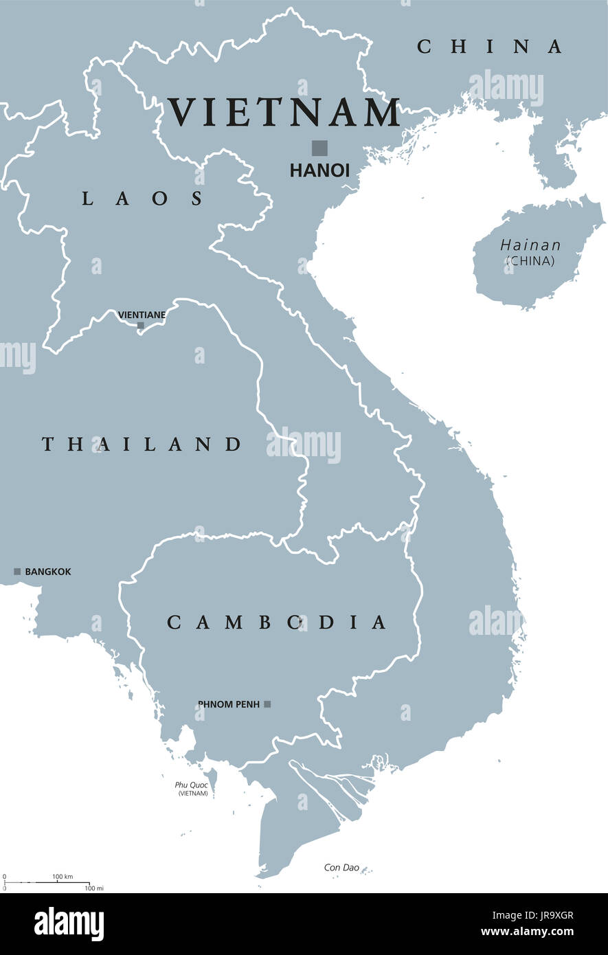 Vietnam mappa politico con capitale Hanoi e frontiere. Etichetta inglese. Repubblica socialista del Vietnam. Il paese più orientale del sud-est asiatico. Foto Stock