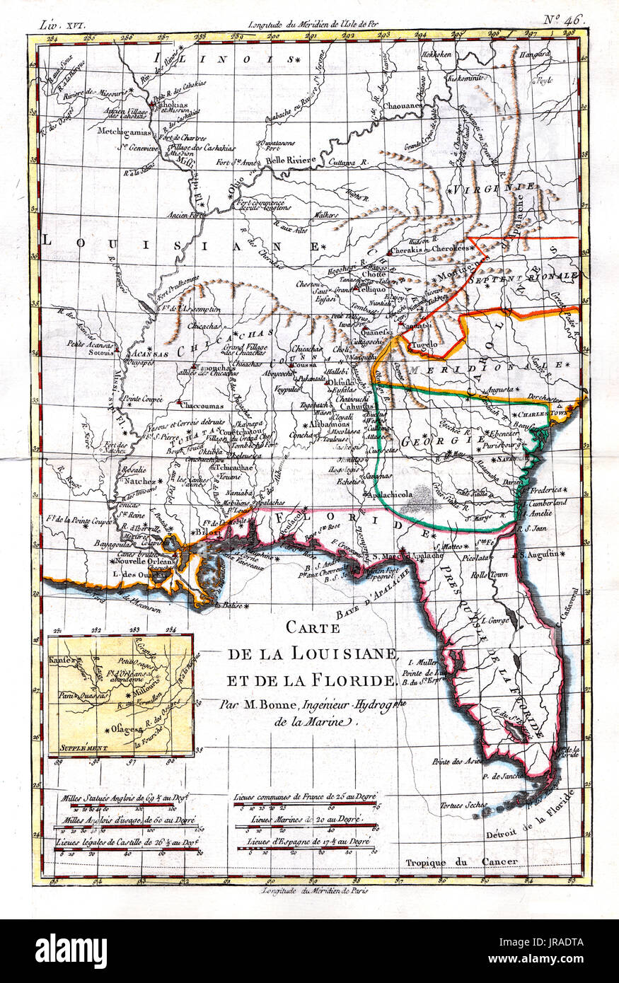 1780 Bonne antica mappa degli Stati Uniti Sud compreso Florida, Georgia, Alabama, Mississippi, Louisiana, Carolina del Nord e del Sud Foto Stock