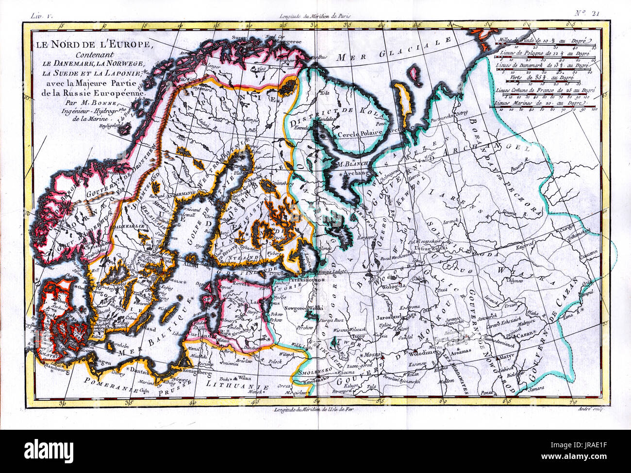 1780 Bonne antica mappa della Scandinavia tra i quali la Svezia, la Finlandia, la Norvegia e la Danimarca. Foto Stock