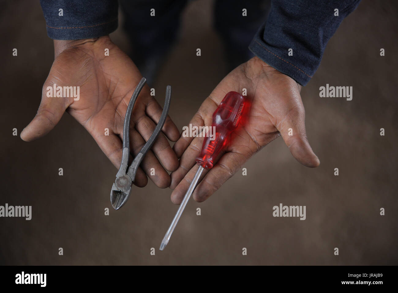 In prossimità di una meccanica delle mani di presa di un paio di pinze di taglio e cacciavite Foto Stock